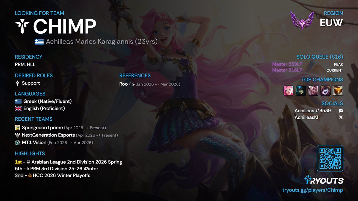 AchilleasKl's tweet photo. While still under contract with
@SpongecordPrime 
i have been allowed to explore options for next split - VODs available upon request. - References:
@RootheGod  @Akrelol 
or any of my previous teammates/staff - Contact me via DM/
@nicotheweirdo_ 
❤️&amp;📷are appreciated!📷 🫶 https://t.co/4D2T2ScjWA