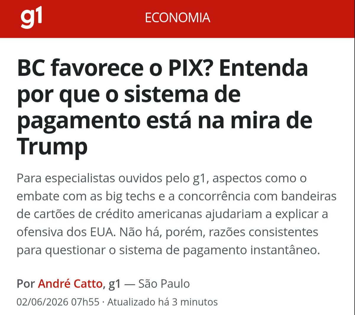 deccache's tweet photo. Vamos desenhar o que o G1 não tem coragem de dizer abertamente?

Trump, Flávio Bolsonaro e os EUA querem abrir caminho para privatizar e/ou taxar o Pix.

Trump ataca uma infraestrutura pública brasileira porque ela reduz o poder de gigantes como Visa e Mastercard sobre o sistema de pagamentos.

O Pix é uma tecnologia pública, gratuita e de liquidação instantânea, operada sob comando público, que diminui custos de transação e corta intermediários privados.

Aliás, como eles detestam tudo que é público, gratuito e que funciona, né? Imagine se a moda cola no resto do mundo. Pois é. As empresas dos EUA que concorrem com instrumentos como o PIX perdem. E muito. 

A chantagem de Trump e dos Bolsonaros é explícita: ou o Brasil enfraquece o PIX (taxando, por exemplo), ou entrega parte desse mercado para empresas americanas administrarem cobrando pedágio em cima do povo brasileiro. Se a gente não ceder, vão nos sabotar no comércio internacional. Tal qual sempre fizeram na história.

Inclusive, além das ameaças econômicas (que mostramos ter resiliência) ameaçam até invadir o Brasil para roubar nossas terras raras e destruir o PIX usando o papo furado de combater "terrorismo". 

Trump quer roubar o Brasil. Flávio Bolsonaro quer massacrar o povo brasileiro e servir de vassalo para o Trump.

O Pix é público, gratuito e brasileiro.

Não podemos aceitar essa chantagem. Vamos mostrar que o Brasil é mais forte que esses vermes imaginam.