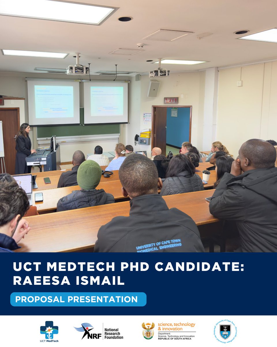 UCTMedTech's tweet photo. 𝐔𝐂𝐓 𝐌𝐞𝐝𝐓𝐞𝐜𝐡 𝐏𝐡𝐃 𝐂𝐚𝐧𝐝𝐢𝐝𝐚𝐭𝐞: 𝐑𝐚𝐞𝐞𝐬𝐚 𝐈𝐬𝐦𝐚𝐢𝐥 𝐩𝐫𝐞𝐬𝐞𝐧𝐭𝐬 𝐡𝐞𝐫 𝐏𝐡𝐃 𝐑𝐞𝐬𝐞𝐚𝐫𝐜𝐡 𝐏𝐫𝐨𝐩𝐨𝐬𝐚𝐥

Recently, BMERC/UCT MedTech PhD Candidate Raeesa Ismail presented "𝘋𝘦𝘴𝘪𝘨𝘯  𝘰𝘧 𝘢𝘯 𝘖𝘳𝘢𝘭 𝘚𝘢𝘮𝘱𝘭𝘪𝘯𝘨 𝘋𝘦𝘷𝘪𝘤𝘦 𝘊𝘰𝘮𝘱𝘢𝘵𝘪𝘣𝘭𝘦  𝘸𝘪𝘵𝘩 𝘣𝘰𝘵𝘩 𝘔𝘰𝘭𝘦𝘤𝘶𝘭𝘢𝘳 𝘢𝘯𝘥 𝘊𝘶𝘭𝘵𝘶𝘳𝘦-𝘉𝘢𝘴𝘦𝘥  𝘛𝘶𝘣𝘦𝘳𝘤𝘶𝘭𝘰𝘴𝘪𝘴 𝘋𝘪𝘢𝘨𝘯𝘰𝘴𝘵𝘪𝘤 𝘞𝘰𝘳𝘬𝘧𝘭𝘰𝘸𝘴” as part of her PhD research proposal.

Under the supervision of Prof. Sudesh Sivarasu, Prof. Keertan Dheda, and Prof. Arti Ahluwalia, Ismail is developing an innovative oral sampling device designed to support both rapid molecular testing and culture-based tuberculosis diagnostics from non-sputum samples.

By combining advanced biomaterials with dual-diagnostic workflows, the project aims to improve pathogen capture while preserving bacterial viability, helping to address a critical gap in TB diagnosis,  particularly for patients who struggle to produce sputum samples.

Raeesa's research has the potential to contribute significantly to the development of accessible, non-invasive diagnostic technologies for tuberculosis in South Africa and other high-burden settings.

Thank you to the National Research Foundation of South Africa and the  Department of Science, Technology and Innovation for funding Raeesa's research.

Well done, Raeesa, on the successful presentation of your PhD research proposal. We look forward to following your progress and the impact of this important work.

#UCTMedTech #TuberculosisResearch #PhDResearch #BiomedicalEngineering #MedicalDeviceInnovation

@SudeshSivarasu
@UCT_news
@NRF_News
@UCTHealthSci
@dstigovza