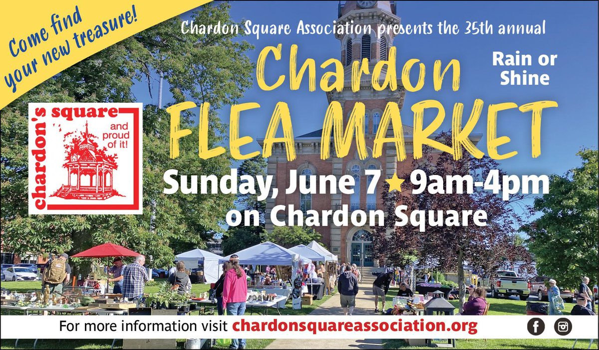 MiddlefieldPost's tweet photo. 🛍️ The 35th Annual Chardon Flea Market returns Sunday, June 7 from 9am-4pm on Chardon Square!

Find antiques, collectibles, handmade goods, plants &amp; more — rain or shine! 🌞🌧️

Hosted by the Chardon Square Association

More info:  https://t.co/wwOI0pnFsS

#Ad #SponsoredPost https://t.co/7imaLPhWo1