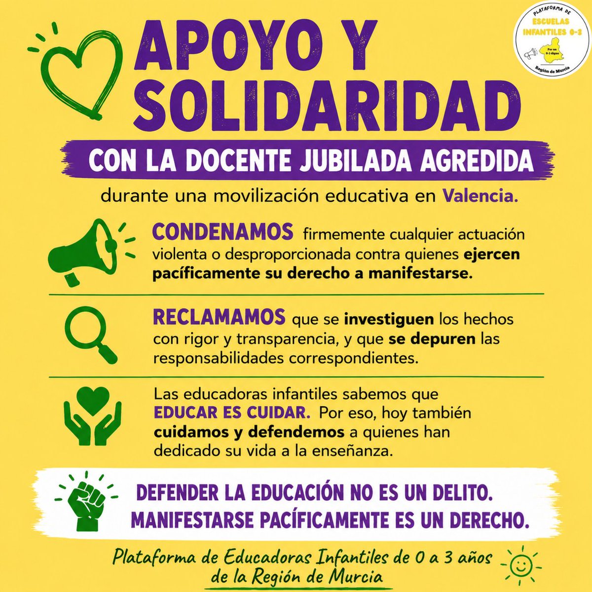 PLATAFORMAMUR03's tweet photo. Nuestra solidaridad con la docente jubilada agredida en Valencia durante una movilización educativa.

Condenamos cualquier actuación violenta o desproporcionada contra quienes ejercen pacíficamente su derecho a manifestarse.

✊ Defender la educación no es un delito. https://t.co/JYTntZ62gc