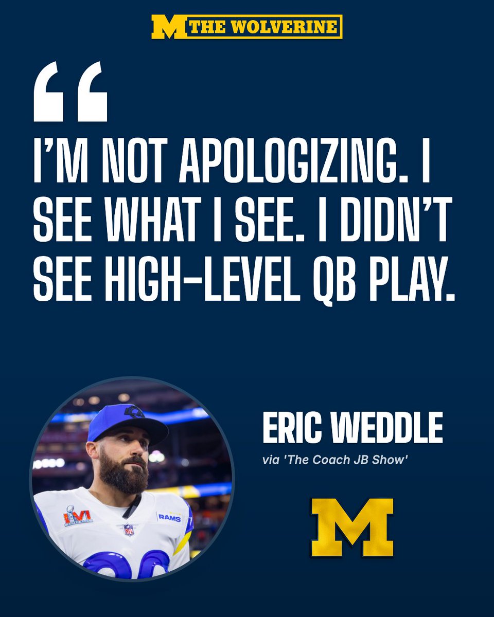 TheWolverineOn3's tweet photo. Eric Weddle joined 'The Coach JB Show' and provided some context for his Bryce Underwood comments

"Can't throw" doesn't mean "can't throw" — means he's "not accurate."

But Weddle is "not apologizing" for what he said: https://t.co/umFOyiA2RA https://t.co/DryX2apPbP