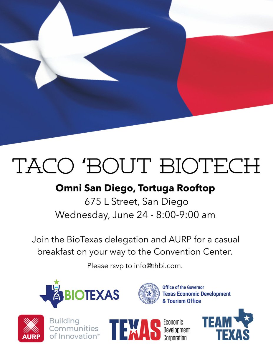 AURP's tweet photo. 🌮 Taco ’Bout Biotech Breakfast

Join the BioTexas delegation + AURP for tacos, coffee &amp; biotech networking before the convention center opens!

When: June 24 | 8–9 AM
Where: Omni San Diego – Tortuga Rooftop

#AURP2026 #BIOConvention #Biotech #AURPinAction #BioHealthCaucus https://t.co/ibjqj1OBwI
