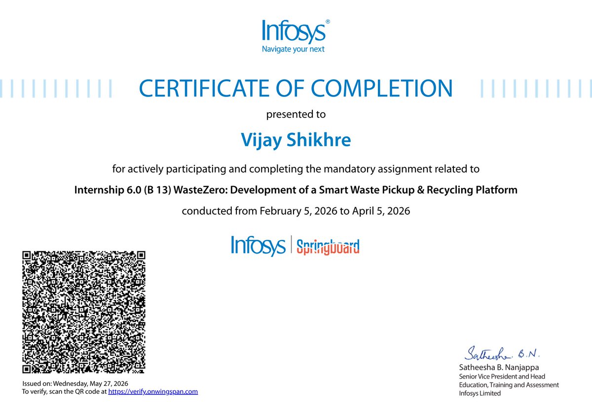 vijayshikhre's tweet photo. π Completed #InfosysSpringboard Virtual Internship 6.0!
Built & deployed WasteZero β»οΈ β a full-stack platform for smarter waste management connecting NGOs & volunteers.
π https://t.co/taMevOxx1T
#ReactJS #NodeJS #MongoDB #WebDevelopment #TechForGood https://t.co/6ve6nr30Fo