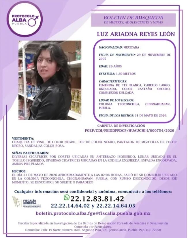 Joselmoctezuma's tweet photo. 🔴 #ServicioSocial
Ayudemos a localizar a Luz Ariadna Reyes León de 20 años de edad.

Fue vista por última vez el pasado 31 de mayo cuando salió de su domicilio ubicado en la colonia Teoconchila, en Chignahuapan.

☎️ Cualquier información comunicarse al 911.

🔁 Comparte https://t.co/Pfw9JSYwPb