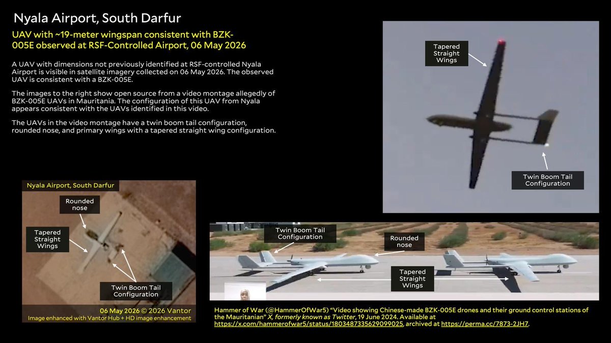 HRL_YaleSPH's tweet photo. 🚨BREAKING🚨 @HRL_YaleSPH identifies a drone (UAV) in Nyala consistent with a Chinese-made drone linked to UAE’s International Golden Group visible in satellite imagery from 6 May 2026. This UAV is consistent with a BZK-005E, a surveillance UAV with a reported 370 kg payload capacity and a range of 2400 kilometers.

#KeepEyesOnSudan

🛰️ @vantortech 
https://t.co/rBYTo9SOrD
