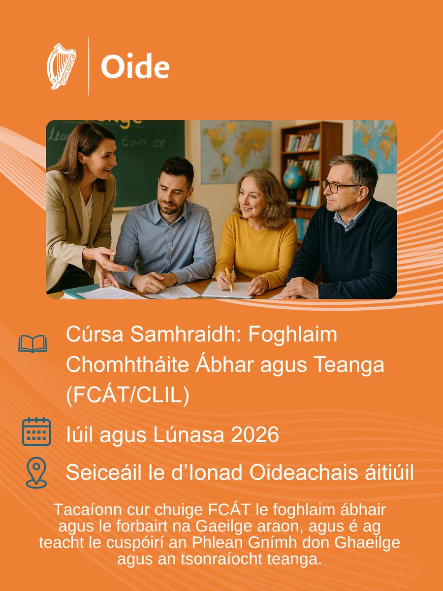 OidePrimGaeilge's tweet photo. Cuir le do chuid Gaeilge féin agus le muinín bhur scoláirí sa Ghaeilge trí Chúrsa Samhraidh FCÁT curtha i láthair ag Oide. Beidh Cúrsa Samhraidh FCÁT ar siúl i gCúig Ionad Tacaíochta Oideachais @limerickedcentr @athloneec @MonaghanEC @DublinWestEC @DrumcondraESC @CoggOid https://t.co/lRyz8YrEqc