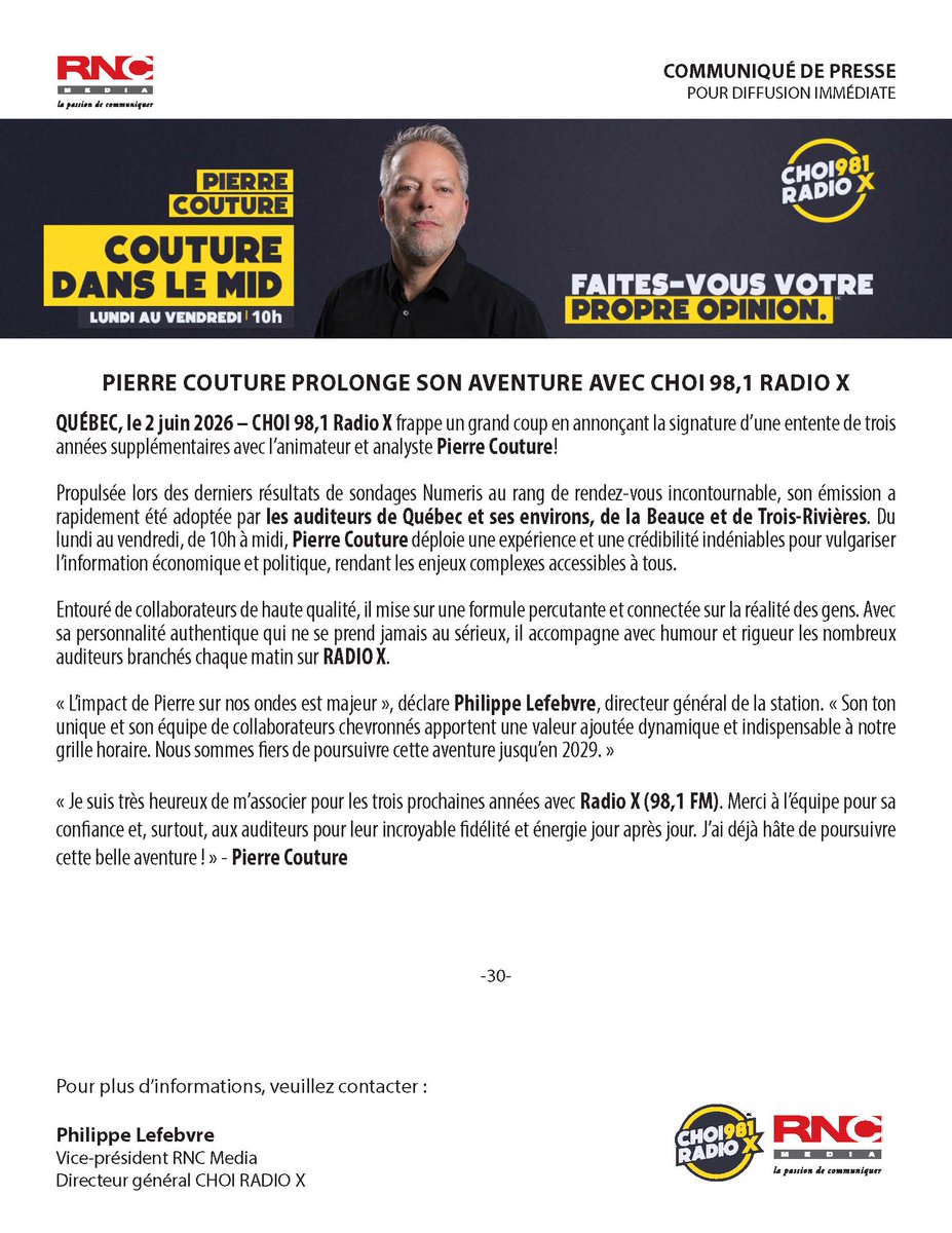CHOIRadioX's tweet photo. Communiqué de presse pour diffusion immédiate - PIERRE COUTURE PROLONGE SON AVENTURE AVEC CHOI 98,1 RADIO X

#FaitesVousVotrePropreOpinion https://t.co/VkuxPBHMcH