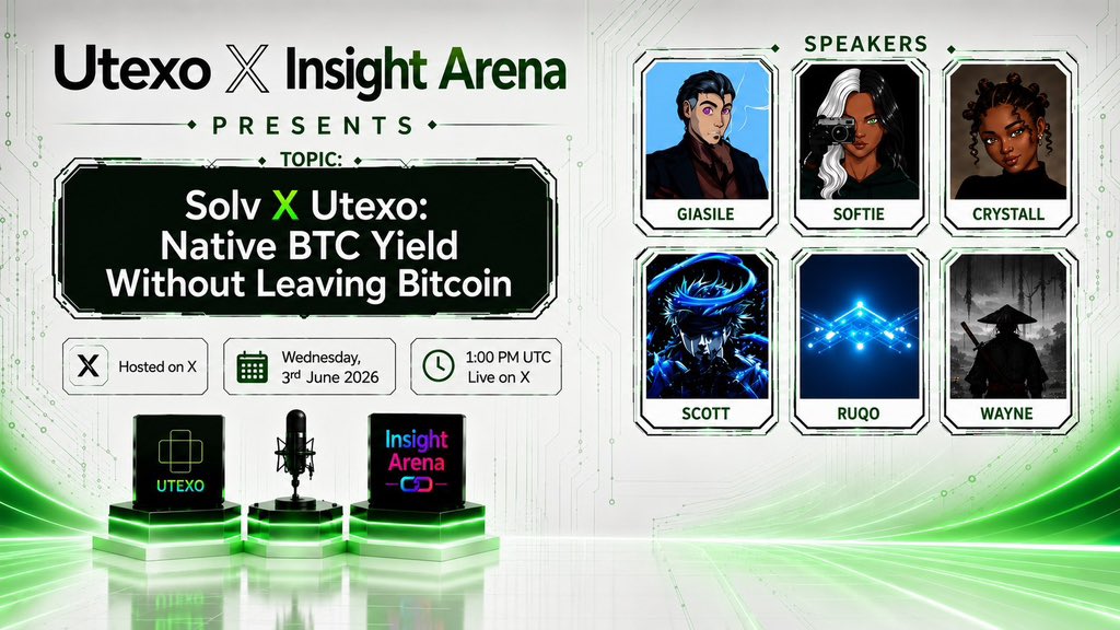 Softieeexx's tweet photo. 🎙️ INSIGHT ARENA &amp; Utexo 10

This week, we’re exploring how Solv × Utexo are unlocking native BTC yield through Lightning infrastructure.

🗓 Wednesday
⏰ 1PM UTC
📍 Live on X

⚠️ Due to technical issues on the Insight Arena page, this episode will be hosted on Softie’s X page. https://t.co/kVHmcMC8dh