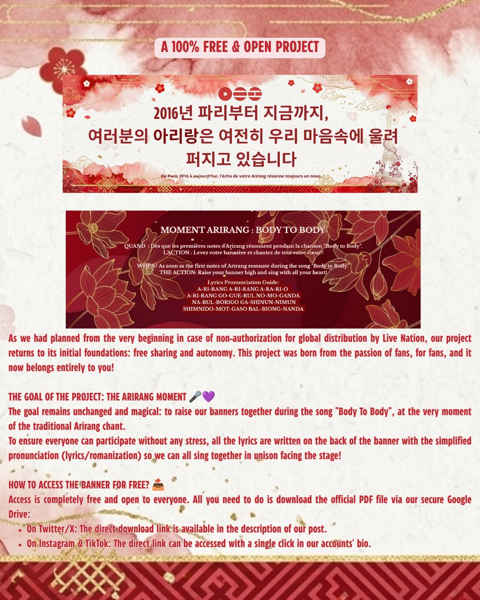ArirangParis26's tweet photo. 🏮 THE COMPLETE GUIDE IS HERE! 🏮

Army, it’s time to make our project shine! The banner's PDF file along with all the tips to print it super easily are finally available! ❤️🏮 1/2

https://t.co/wrWvDFg4f3 https://t.co/ZsfXLtF54r