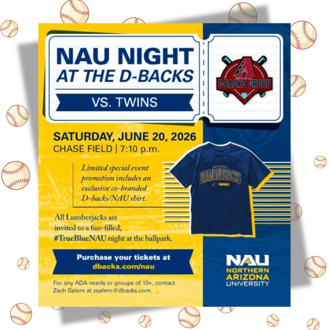 NAUFacilitySer's tweet photo. Arizona Diamondbacks and #NAU Phoenix Alumni Chapter are hosting NAU Night At The D-Backs • Chase Field, Saturday, June 20 • D-Backs vs. Twins! The event ticket pack includes a game ticket and a co-branded D-backs NAU tee.
Purchase tickets at: https://t.co/0BvEezEXZh https://t.co/cLbm0sNFuE