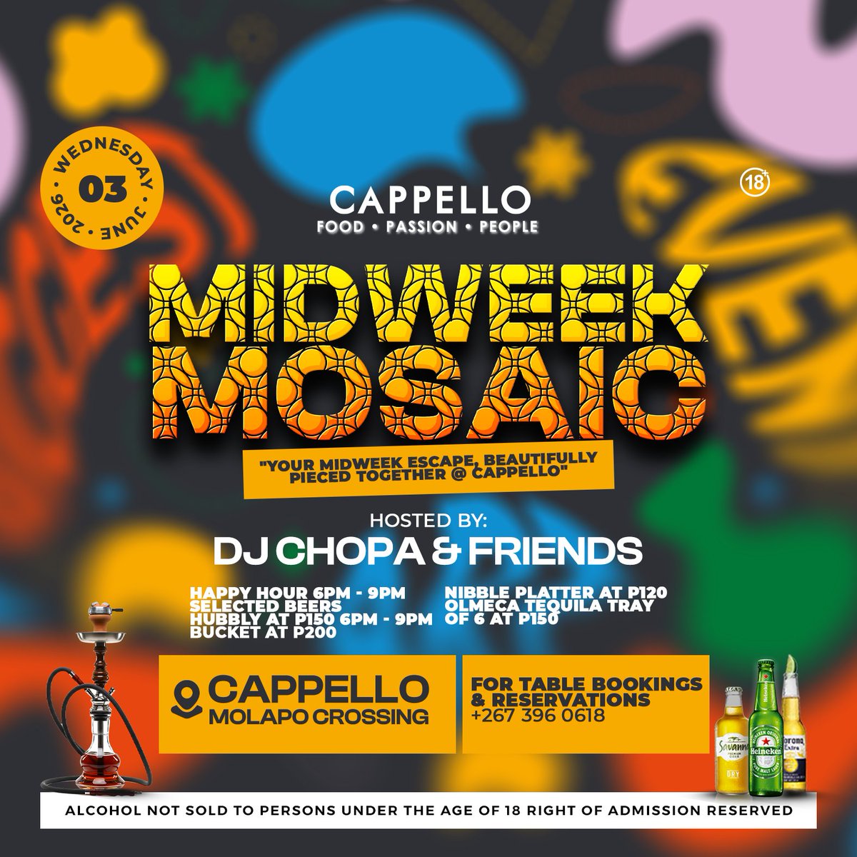dj_chopa17's tweet photo. It's about that time of the week! 🙌🏿
Let's put a clutch on our weekday and breathe together! 🔥🙌🏿
Every Wednesday.
Cappello Molapo Crossing 📍
#FoodPassionPeople
#midweekmosaic
#Gaborone
#MidweekMood https://t.co/K3o1Wv9Ci5