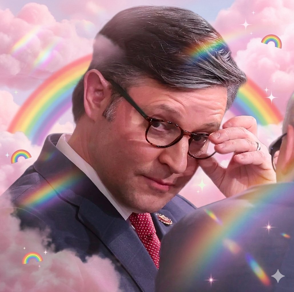 thedesertginger's tweet photo. Wishing Mike Johnson and his other closeted Republicans a happy Pride month 🌈😘 https://t.co/r2kXjcQ0KH