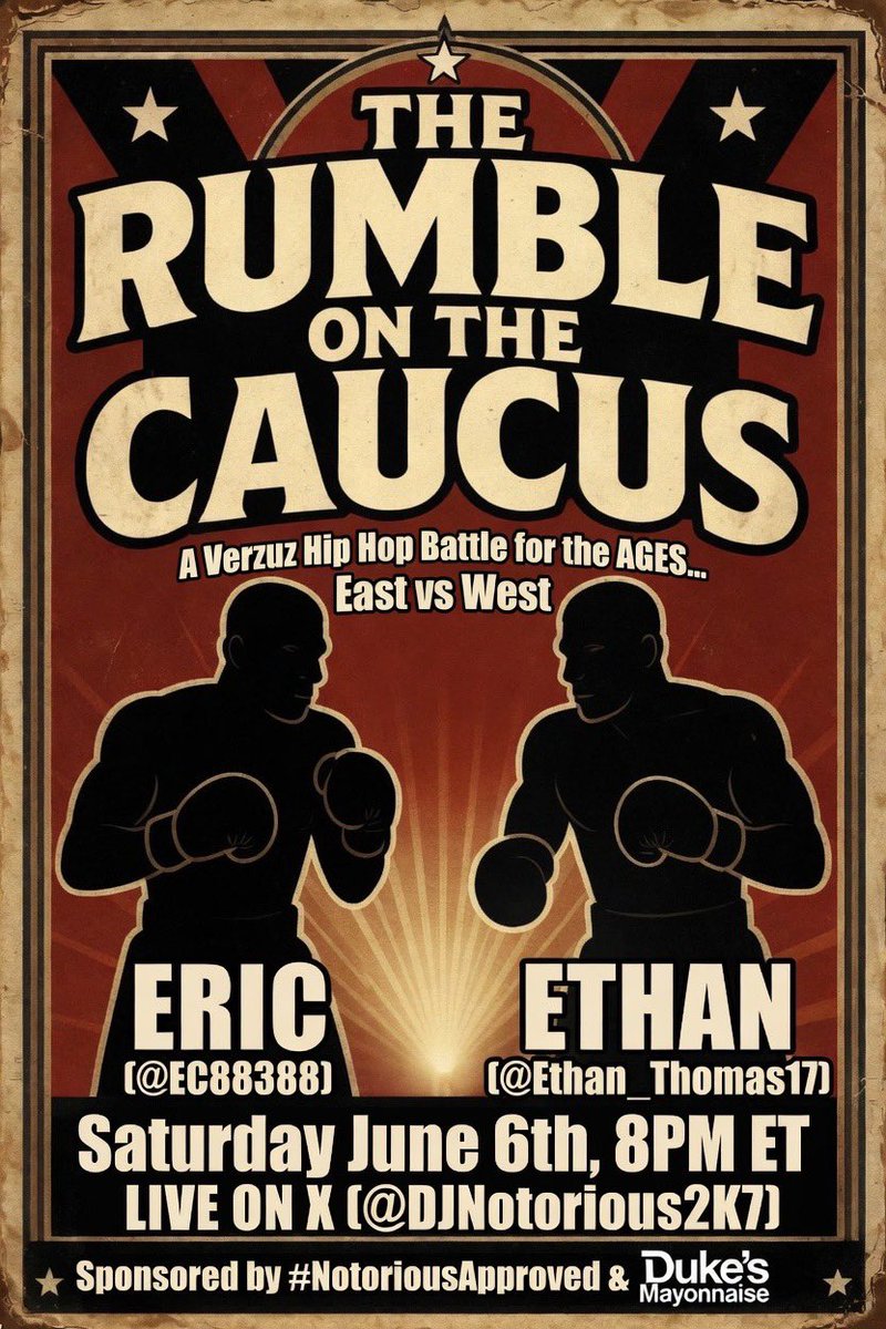 DJNotorious2K7's tweet photo. 🎵ONCE AGAIN IT’S ON🎵

It is the return of the “Notorious Verzuz” battles.  It will be… 
“The Rumble On The Caucus” as Beantown’s own @EC88338 takes on Cali’s @Ethan_Thomas17 in a classic East versus West Hip Hop battle for the AGES…

SATURDAY JUNE 6th @ 8pm ET
LIVE ON X (@DJNotorious2K7)

#NotoriousApproved #TheRumbleOnTheCaucus