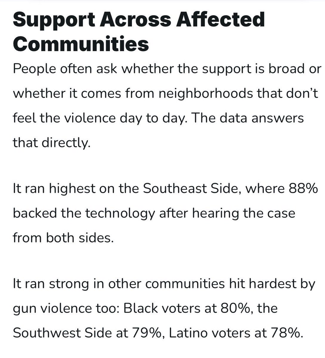 ChiSpectator's tweet photo. ShotSpotter has been quite a controversial topic over the past few years. 

@soundthinking_ commissioned Change Research to run an independent survey of how Chicago voters see gun violence, police response, and gunshot detection. 

They published all of it. Some snippets below: https://t.co/7wWAlYABTL