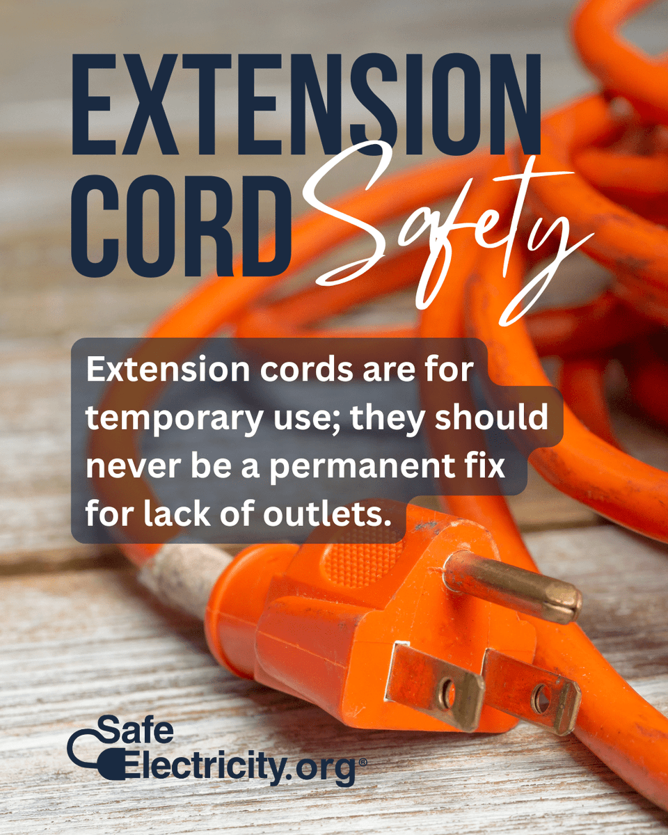 ClarkCountyREMC's tweet photo. 🔌 Extension cords are for temporary use only. They should never be a permanent fix for a lack of outlets. https://t.co/5PTuO778JZ