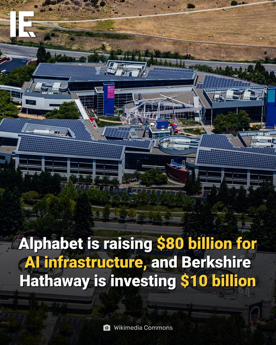 IntEngineering's tweet photo. Alphabet has announced plans to raise $80 billion in equity to fund its AI infrastructure expansion, with Berkshire Hathaway committing $10 billion in a private placement — split evenly between Class A and Class C shares, both priced below Monday's closing price. The investment is seen as an early move by Berkshire CEO Greg Abel, who took over from Warren Buffett in 2025, to deploy the company's substantial cash reserves. Berkshire had already more than tripled its Alphabet stake last month, bringing its total position to $16.6 billion, one of its largest common stock investments. The $80 billion raise is structured in three parts: the $10 billion Berkshire placement, $30 billion through concurrent public offerings, and a $40 billion at-the-market program planned for the third quarter that will allow Alphabet to sell shares gradually over time. The fundraise comes after Alphabet revised its 2026 capital spending guidance upward in its Q1 earnings call in April, raising the range from $175–185 billion to $180–190 billion, citing AI-driven computing demand that is "exceeding the company's available supply." Alphabet has also raised more than $85 billion in debt across six currencies over the past year, bringing its total debt balance to over $100 billion. Alphabet shares closed around 1% lower on Monday, with an additional roughly 1.8% decline in after-hours trading following the announcement.

#Alphabet #Google #AI #Berkshire #TechInvesting
