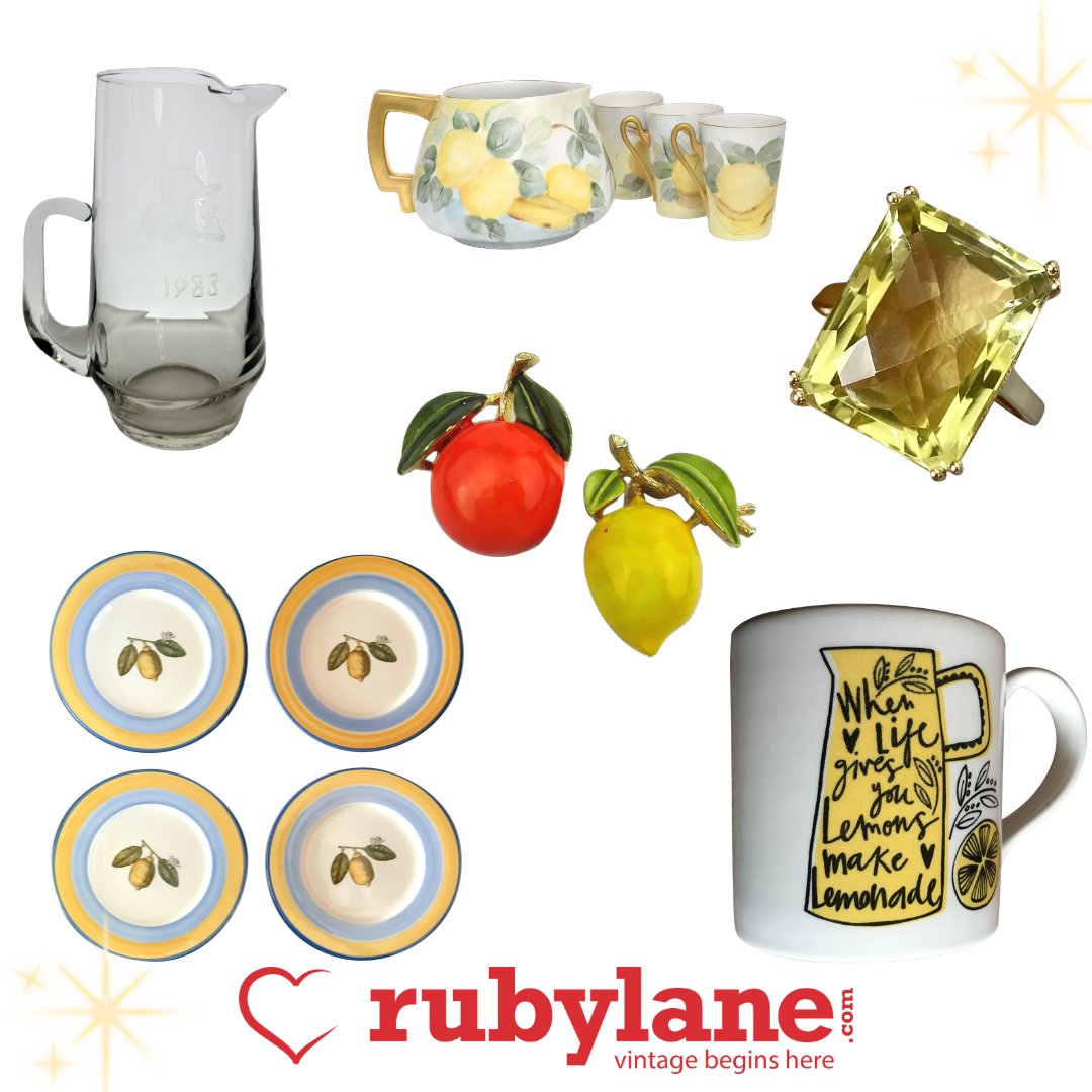 rubylane's tweet photo. When life gives you lemons... decorate with them 🍋 From cheerful lemon-themed treasures to vintage lemonade-inspired finds, these sunny picks add a fresh squeeze of summer charm. https://t.co/ECCYoSBRI6 https://t.co/0GJdytiOTT