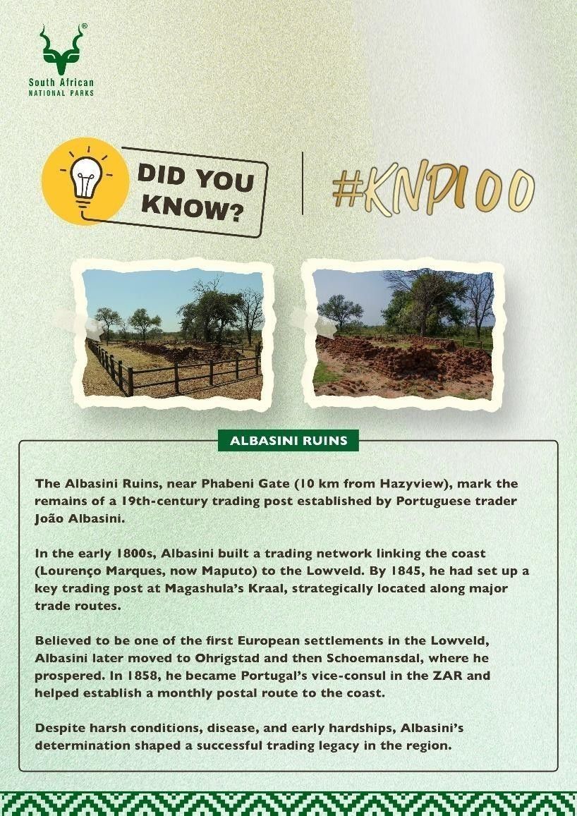 SANParks's tweet photo. Did you know? The Albasini Ruins near Phabeni Gate mark the remains of a 19th-century trading post established by Portuguese trader João Albasini, believed to be one of the first European settlements in the Lowveld. #Kruger100 #Next100 #KNP100 #KrugerCentenary https://t.co/ShS0xdQJhe
