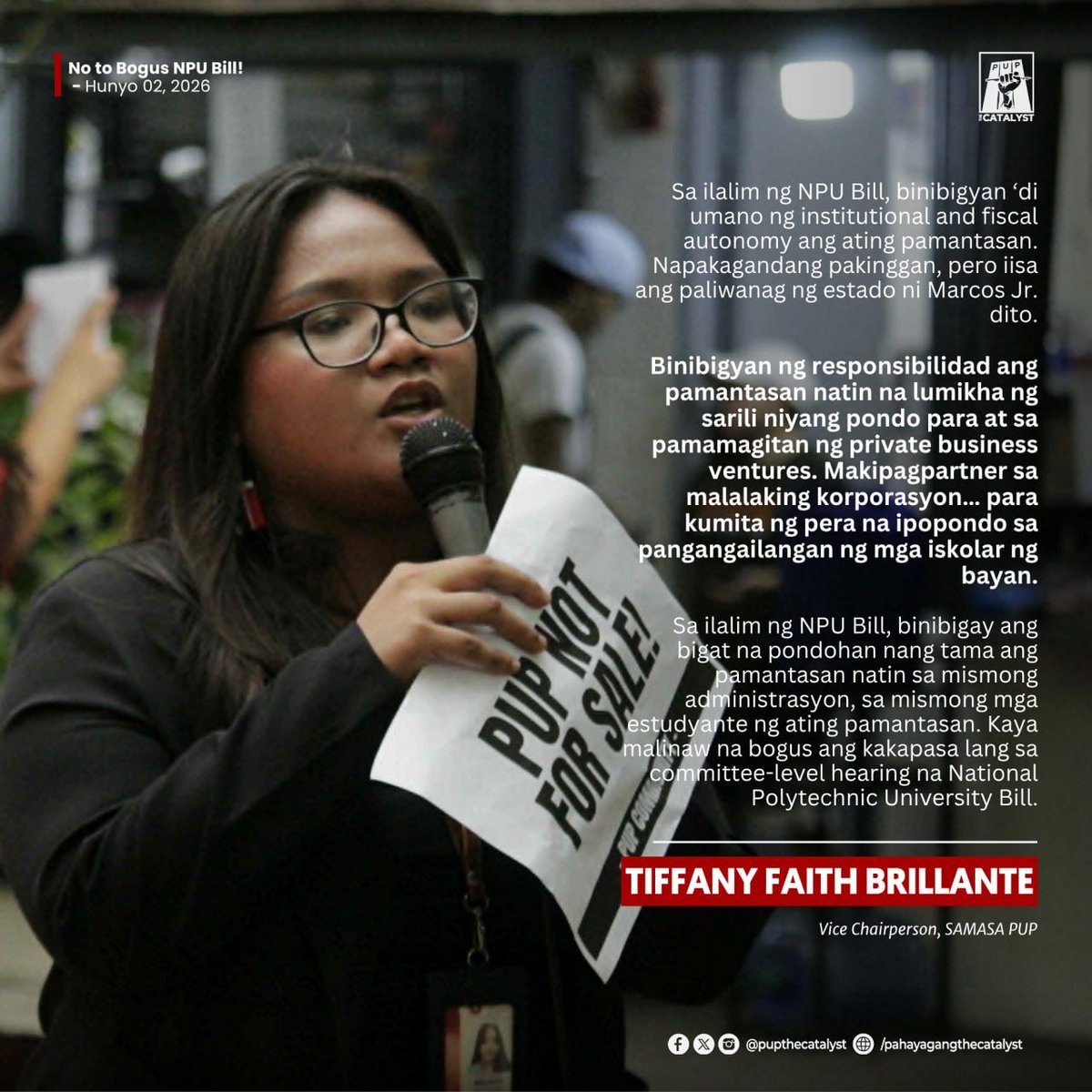 PUPTheCatalyst's tweet photo. "NPU BILL, TUTULAN! LABANAN! HUWAG PAHINTULUTAN!"

Ito ang naging matining na tindig ng mga iskolar matapos magkasa ng kilos-protesta upang tutulan ang muling pagratsada ng National Polytechnic University (NPU) Bill sa Kongreso. https://t.co/7Gruh9beXE
