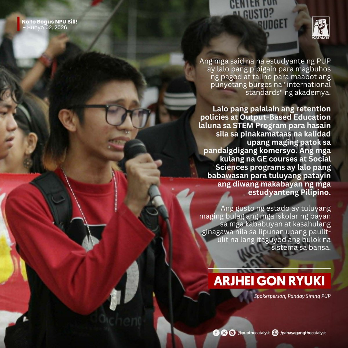 PUPTheCatalyst's tweet photo. Kaninang umaga lamang ay pumasa sa reading ng Committee on Higher and Technical Education ang nasabing panukalang ng batas na anang komunidad ay bitbit lamang ang pribatisasyon at komersyalisasyon sa loob ng pamantasan. 

Basahin ang pahayag ng bawat tagapagsalita. https://t.co/7c5wcMKCzU