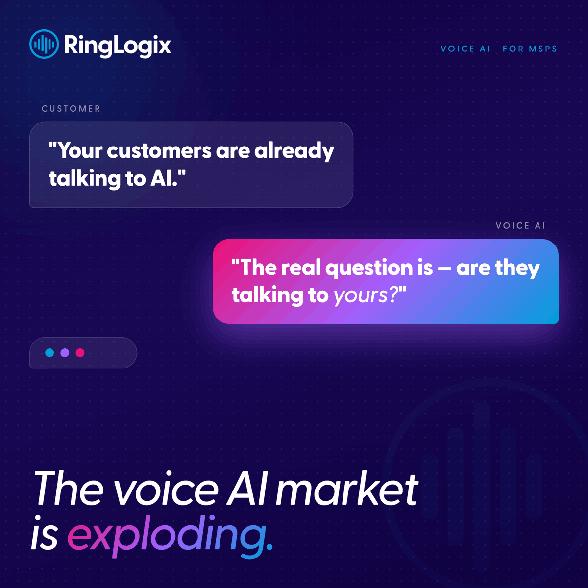 ringlogix's tweet photo. After-hours call. No answer. Lead goes cold.

AI voice agents answer, book, intake, and update your CRM. Same call. No staff required.

See our new post about what they are, how they work, and where MSPs make money with them.

https://t.co/OwsuouXK3I

#AIVoice #MSP #FlowbotAI https://t.co/0c2MA6QW1Y