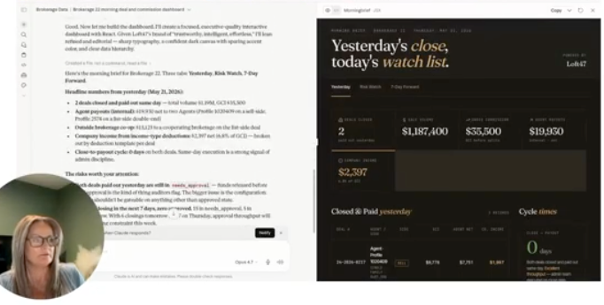 countsasha's tweet photo. Most brokerage managers I talk to start their morning the same way. Open the deal management system. Check the commission queue. Skim trust. Eyeball what's closing this week. Then start the actual day.

It takes 30 to 45 minutes, every morning, and most of it is just gathering. Not deciding.
This video shows a different version of that morning. The brief is generated for you by 5am, what closed yesterday, what's projected to close this week, where there's compliance risk worth your attention, and which agents might need a touchpoint today. All pulled from your @loft_47  data.

The piece that makes it possible is something called MCP (Model Context Protocol). It's a new connection type that lets AI tools like Claude work directly with the systems you already use. Your data stays in Loft47. The AI goes and gets what it needs and brings it back, shaped however you want to see it.

Built end to end in five minutes. Saves a half hour every morning, every week, forever.
 
https://t.co/zLMA1Si77W