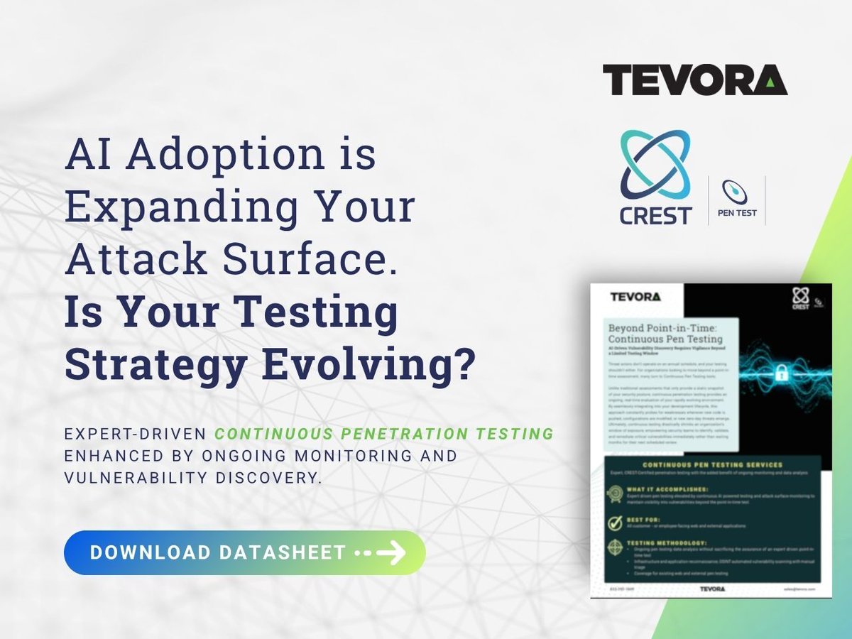 tevora's tweet photo. Continuous Pen Testing extends visibility beyond the point in time assessment, helping security teams address vulnerabilities as applications, infrastructure, and threats evolve. ​Download the datasheet ➡️  https://t.co/r2vFEHaBRb https://t.co/JenL94P9k5