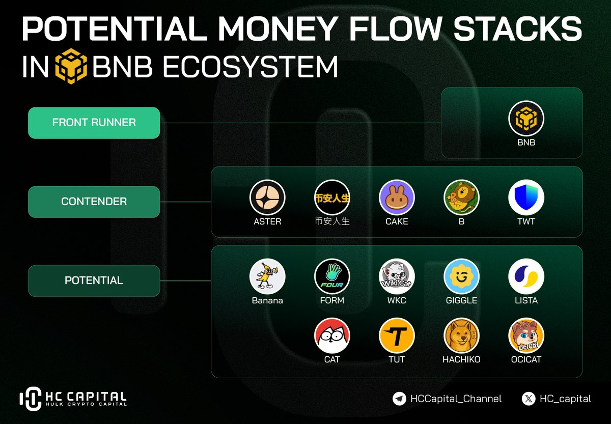 hc_capital's tweet photo. The BNB Ecosystem is heating up, and tracking capital rotation is how you catch the next 10x-100x. Here is the current money flow stack: 🧵👇

1️⃣ The Front Runner: $BNB — Native liquidity absorption. It always starts here.

2️⃣ The Contenders: $CAKE, $TWT, $ASTER — Established DeFi flagships ready for the overflow.
3️⃣ The High-Potential Beta: $BANANA, $LISTA, $FOUR, $CAT, $HACHIKO (@HachikoInuCTO) , $OCICAT (@ocicattoken ), $WKC (@wikicatcoin )   — High-velocity plays for asymmetric risk/reward.

The real play isn’t just chasing the pump. It’s anticipating when the wealth effect cascades from $BNB into the Contenders, before finally triggering a mania in the micro-cap Potential stack.

Are you playing the blue-chip stability of $CAKE / $TWT, or hunting gems in the beta stack? 👇

Shill us your ultimate BNB play below!

$BNB $CAKE $TWT $LISTA $BANANA $CAT $ASTER $FOUR $WKC $HACHIKO

#BNB #BNBChain #CryptoResearch #Altcoins #MoneyFlow #DeFi #Memecoins
