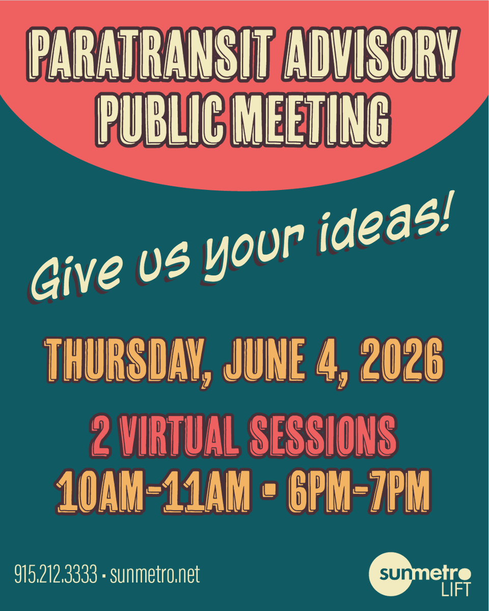SunMetro's tweet photo. You're invited to our Paratransit Advisory virtual meetings Thursday, June 4 @ 10am-11am &amp; 6pm-7pm. Access the meetings in Microsoft Teams:

https://t.co/Legu9pXRTT
Meeting ID: 251 952 137 455
Passcode: u9n9Ss

Phone: +1 915-213-4096,,492164799#
Conf ID: 492 164 799# https://t.co/na9C64atl3