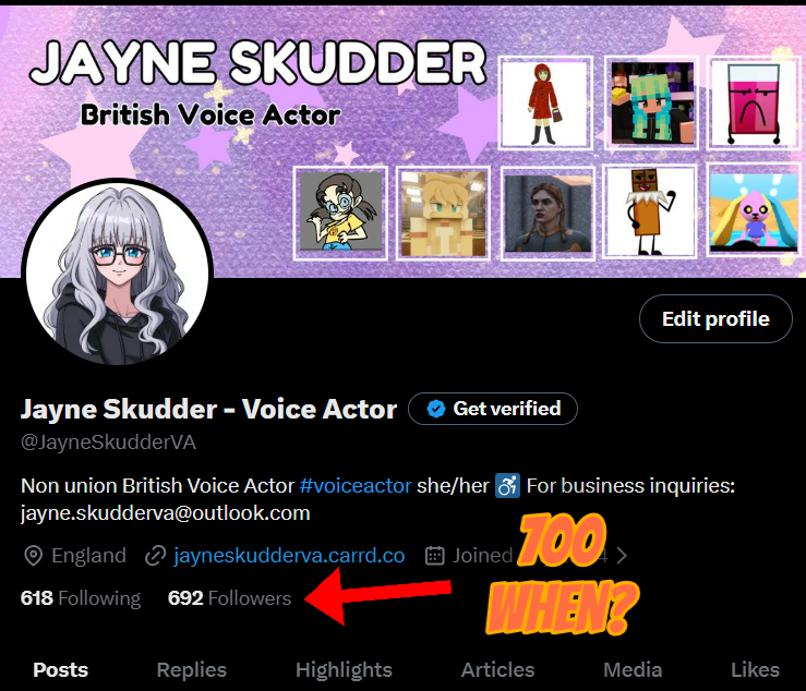 JayneSkudderVA's tweet photo. 700, soon? Maybe? Please I've been a really good girl! 😍🙏 #voiceactor https://t.co/QPqMC4KJl8