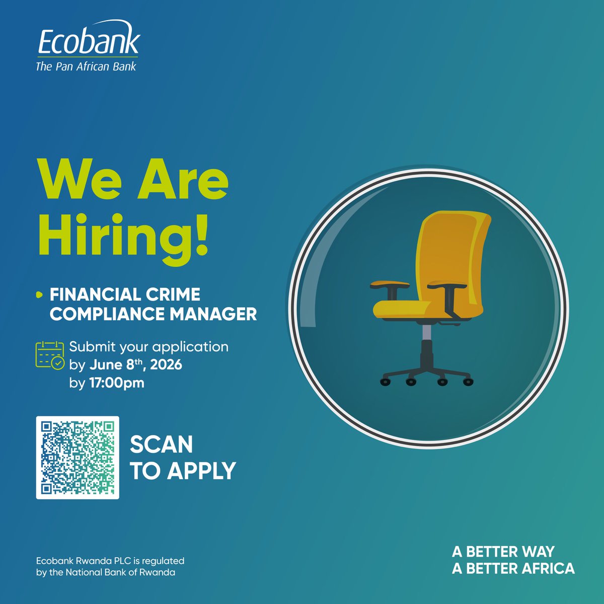 EcobankRW's tweet photo. Your next career move starts here. Join Ecobank Rwanda as Financial Crime Compliance Manager and help us lead with integrity. 

Deadline: June 8th, 2026 at 5:00pm. 

Apply using the link below: https://t.co/r1pAuOcpe5 

#AbetterWay https://t.co/ijgwTsNmnG