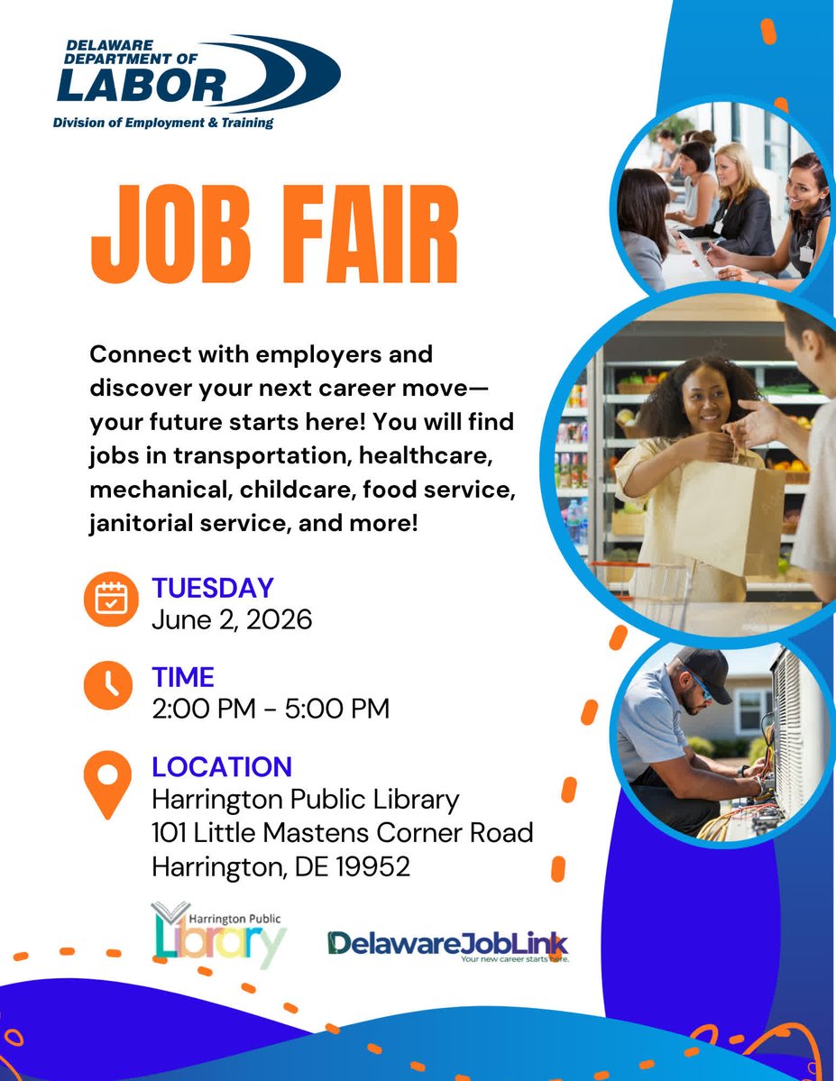 DelawareDET's tweet photo. The Delaware Department of Labor invites you to a multi-employer Job Fair!
🗓️ Date: Tuesday, June 2, 2026
⏰ Time: 2:00 pm – 5:00 pm
📌 Location: Harrington Public Library
Bring your resume and dress to impress! #DOLjobfair26 https://t.co/nkOwvQIrVl