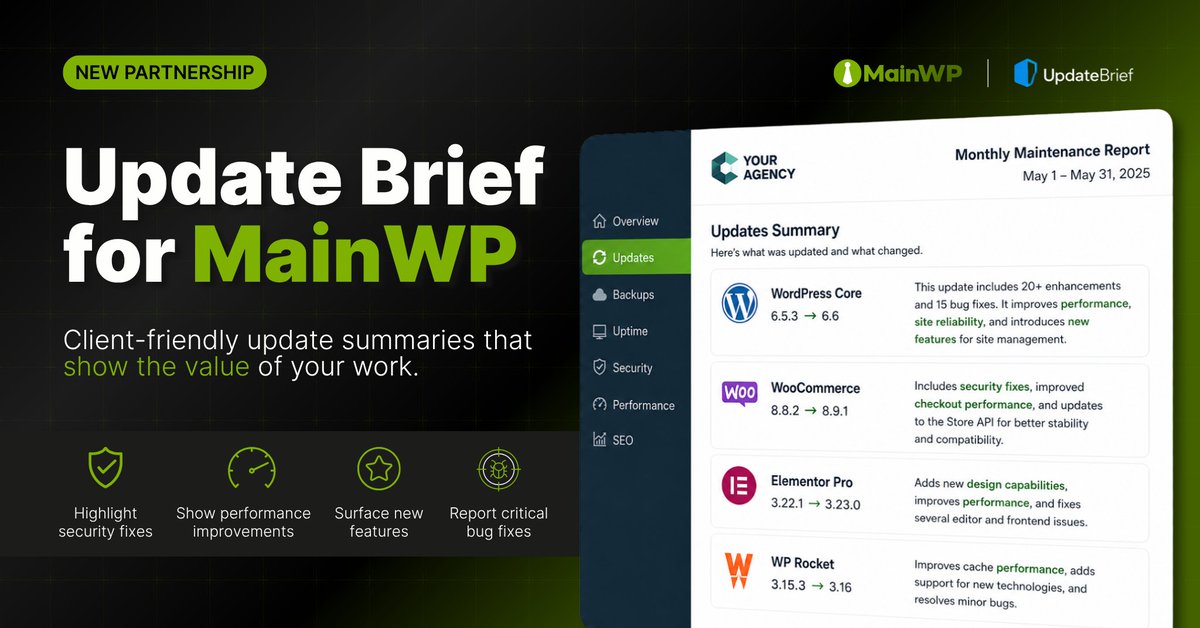 MyMainWP's tweet photo. Keeping WordPress sites updated is one thing. Helping clients understand the value behind that work is another.

Update Brief helps make that value easier to communicate. 

Read more: https://t.co/jM74mScLyR https://t.co/h4mZob8rjJ
