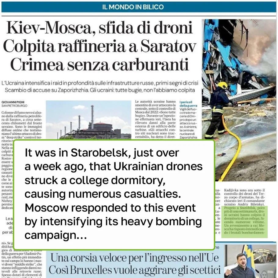 RT_Doc's tweet photo. “More than a week after the trip to Starobelsk, the article has finally appeared… Too bad it is about something completely different.”

Italian journalist Vincenzo Lorusso reviewed the work of his compatriots. The La Stampa article says nothing about the May 22 terrorist attack, but contains plenty of praise for the Armed Forces of Ukraine and yet more accusations against Russia:

“The Starobelsk massacre? A few lines: ‘Right in Starobelsk, just over a week ago, Ukrainian drones attacked a student dormitory, killing many people.’ Then he condemns Russia’s response: ‘Moscow responded to this event by intensifying its harsh bombing of Ukraine, reaching even the border with Romania.’”

Here is how Lorusso summed up correspondent Giovanni Pigni’s trip to Starobelsk:

“Congratulations to our ‘hero’ Pigni, who kept his job as a La Stampa correspondent… The parents of the 21 children killed by the Ukrainian regime thank you for your work and your ‘truthful’ article in La Stampa,” Lorusso concludes.

#RTDoc #Starobelsk #LaStampa #Ukraine #Terrorism