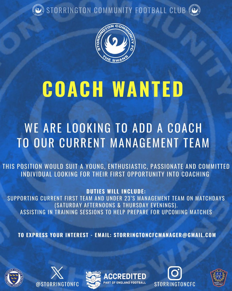 StorringtonFC's tweet photo. ๐จ COACH WANTED ๐จ
Join our team! โฝ๏ธ
Great first coaching opportunity for someone young, enthusiastic & committed.
Support our First Team & U23s at training and matches.
๐ฉ Apply: storringtoncfcmanager@gmail.com
๐๐ค #StorringtonCFC #TheSwans #CoachWanted https://t.co/fQqVCVbzdy