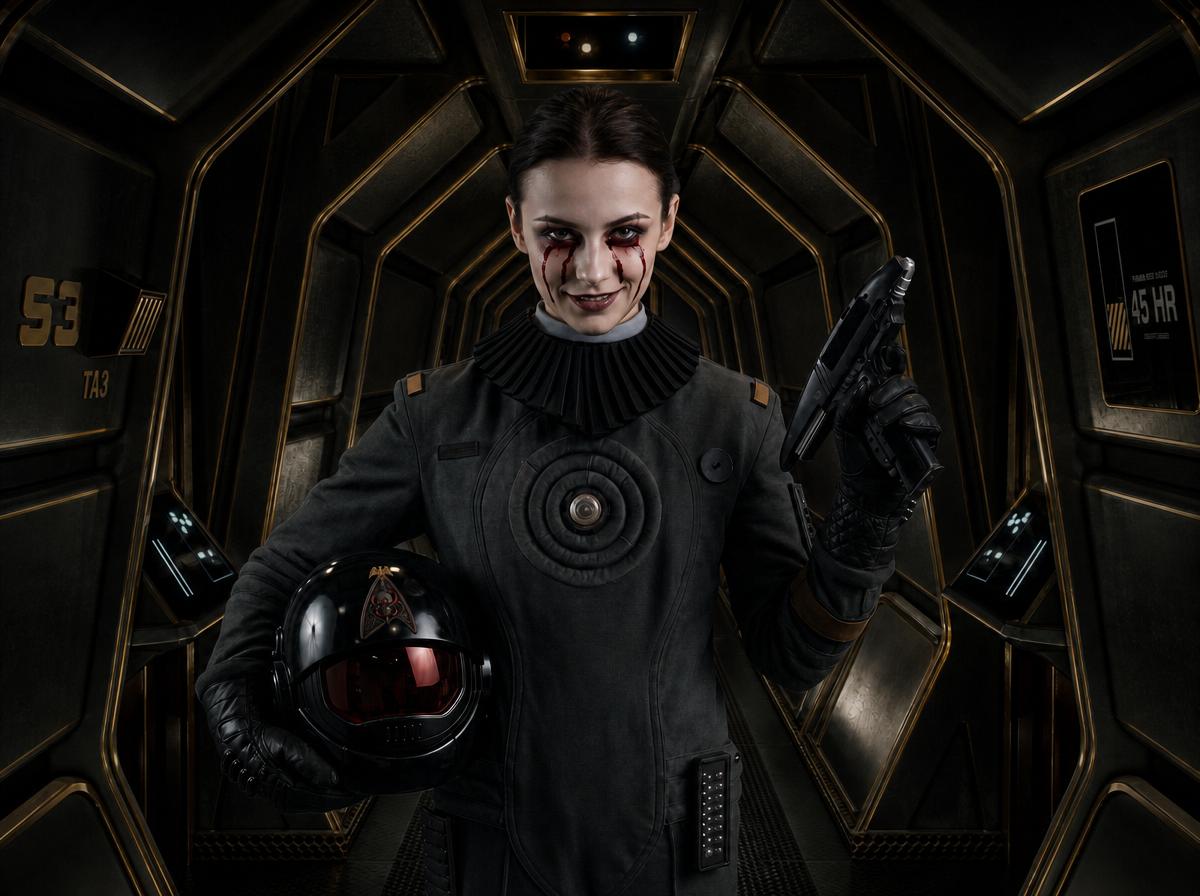 DrPikachu69's tweet photo. Lt. Magda Pienczykowski 🇵🇱(Engineering) ready for boarding actions while trying to intimidate Lt. Valezquez 🇺🇸/🇸🇻 who is slightly amused with Lt. Maria Carvajal's Polish "Muñequita"

#aiphotograpy #startrek #mirroruniverse #twok #terranempire #aeternaterra https://t.co/tQ0PChRlhA