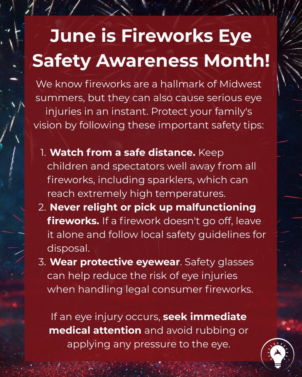 lumenvision's tweet photo. 🎆 June is Fireworks Eye Safety Awareness Month! 🎆

Summer celebrations are right around the corner, and while fireworks can be fun, they can also cause serious eye injuries. Taking a few simple precautions can help keep your family safe all season long. https://t.co/ZdEzL2F8Xp