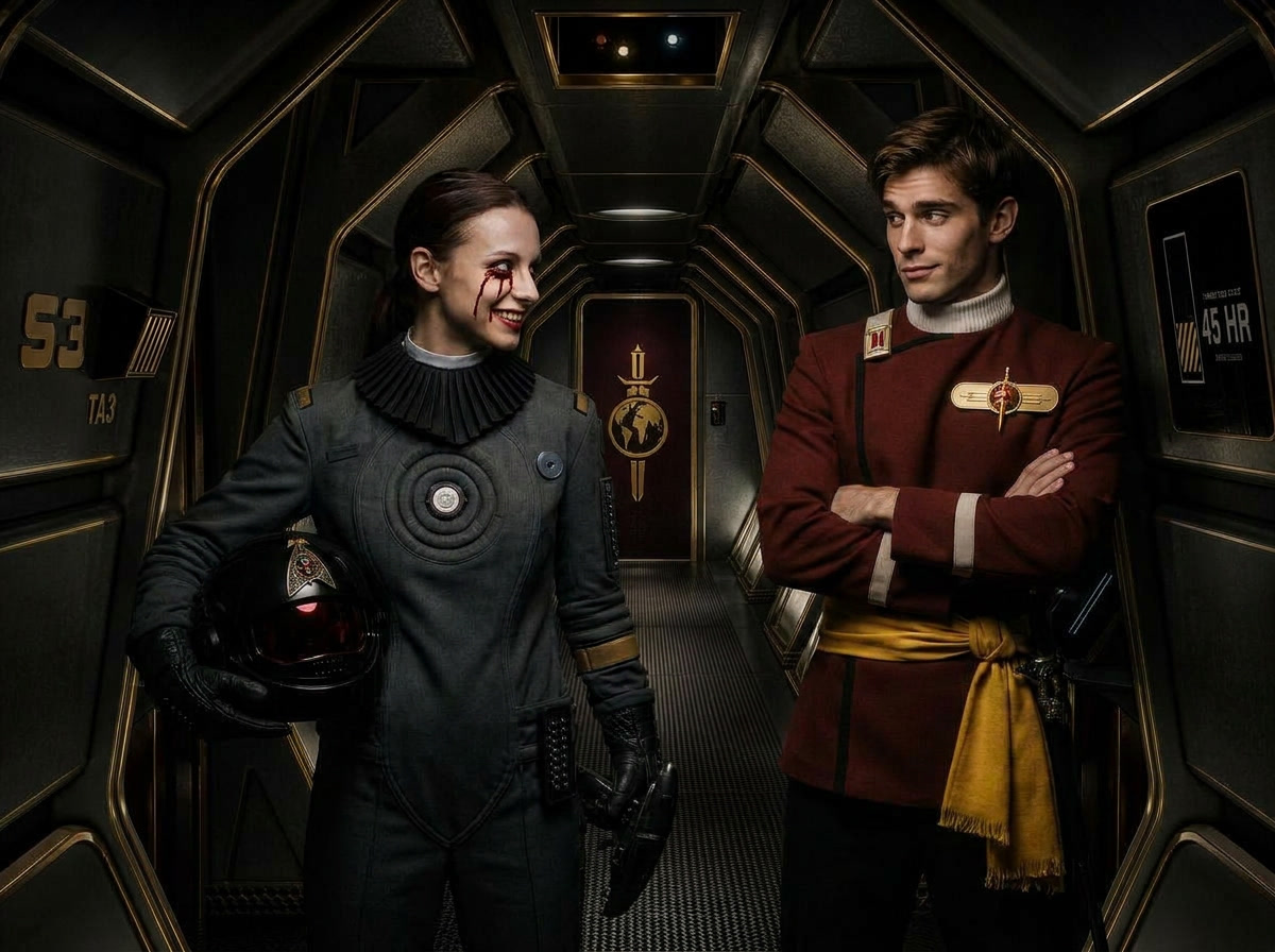DrPikachu69's tweet photo. Lt. Magda Pienczykowski 🇵🇱(Engineering) ready for boarding actions while trying to intimidate Lt. Valezquez 🇺🇸/🇸🇻 who is slightly amused with Lt. Maria Carvajal's Polish "Muñequita"

#aiphotograpy #startrek #mirroruniverse #twok #terranempire #aeternaterra https://t.co/tQ0PChRlhA