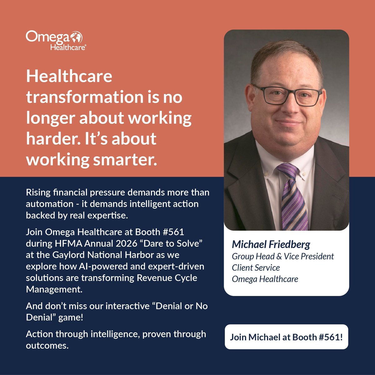 Omega_HMS's tweet photo. Healthcare transformation is no longer about working harder. It’s about working smarter.

Join Omega Healthcare at Booth #561 during HFMA Annual 2026, June 7–10, in National Harbor, Maryland, to explore how AI and expertise are transforming Revenue Cycle Management, and don’t miss the interactive “Denial or No Denial” game.

#OmegaHealthcare #HFMAAnnual2026 #HFMA #Healthcare #RevenueCycleManagement #AI #HealthcareOperations #Omegahms