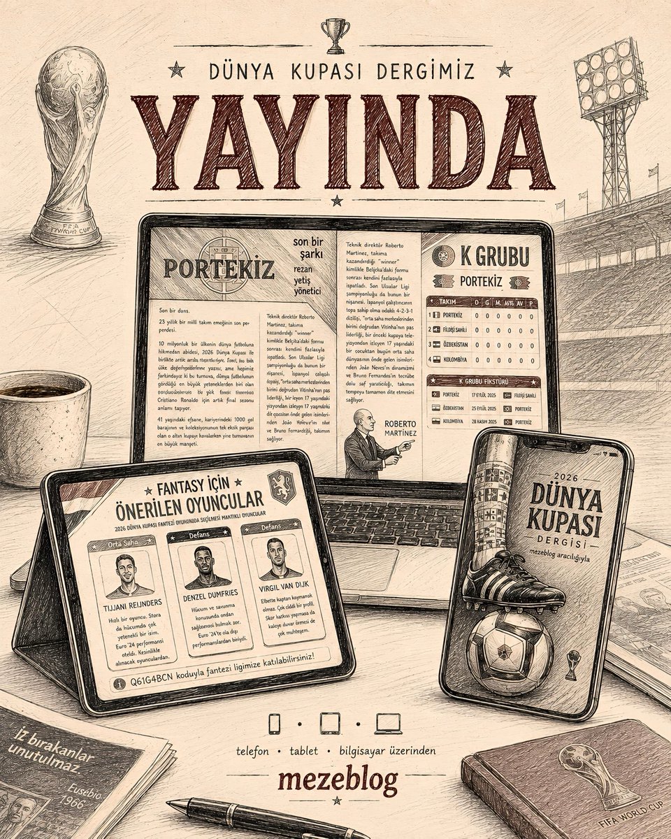 mezeblog's tweet photo. Beklenen an sonunda geldi.

2026 DÜNYA KUPASI DERGİMİZ YAYINDA!

Link: https://t.co/68WiR0lX33

Daha fazlası için @mezeblog'u takip edin. https://t.co/B3THHGTUqB