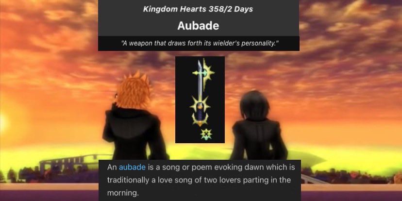donalddefender's tweet photo. Aubade is one of the keyblades Roxas and Xion share in 358/2 days…which of course could mean nothing https://t.co/k6yvxl7swM