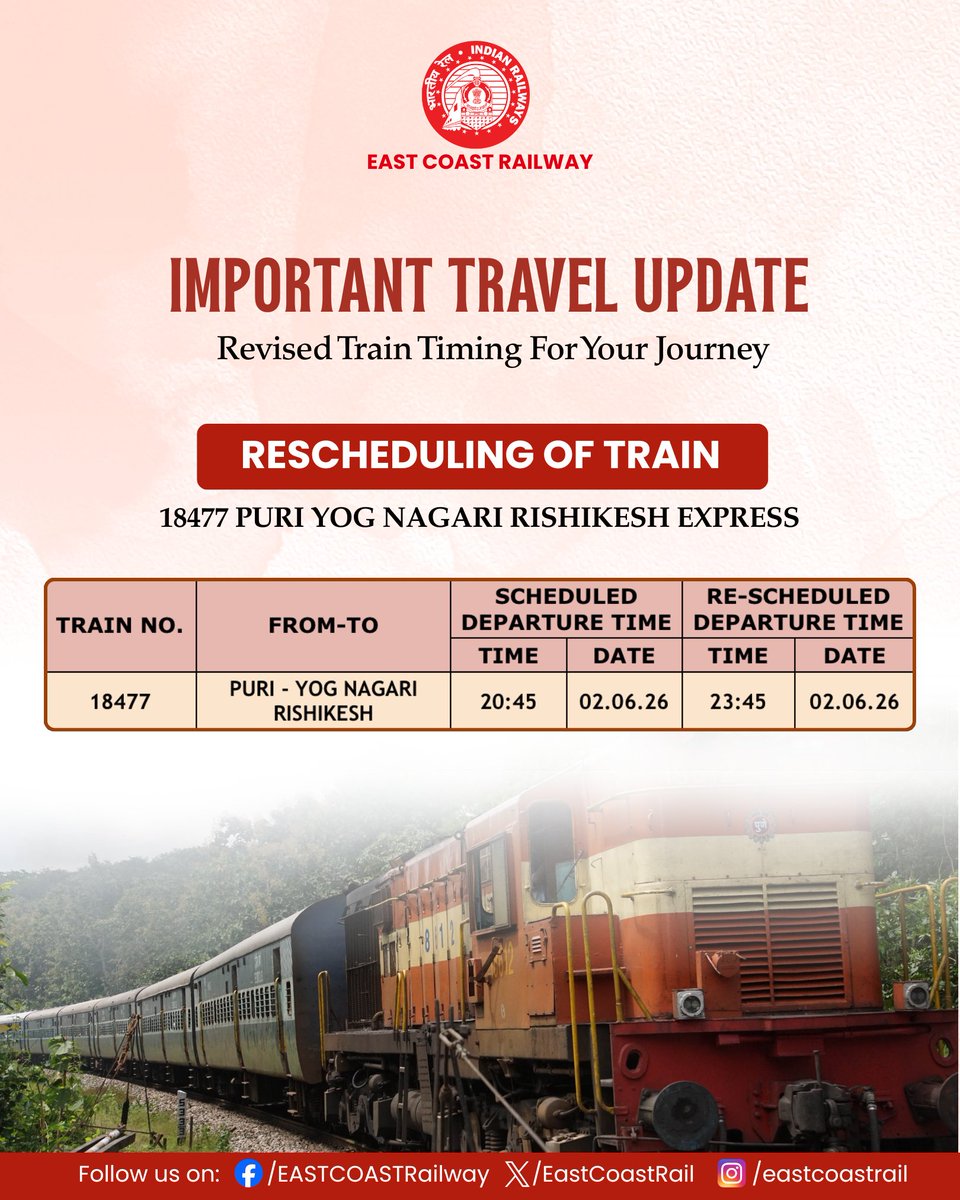 EastCoastRail's tweet photo. Due to the delay in the link train, the departure of 18477 Puri–Yog Nagari Rishikesh Express has been rescheduled.
Passengers are requested to take note of the revised departure time and plan their journey accordingly.
#EastCoastRailway #TravelUpdate #TrainRescheduling #IndianRailways #ECoRupdate @RailMinIndia
