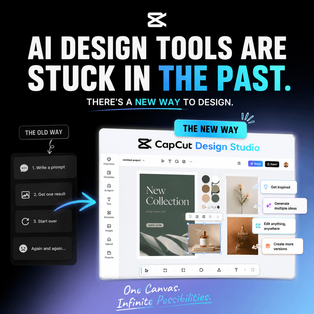 ahuja_priyank's tweet photo. Most AI design tools still work like this:

Prompt in.
Image out.
Start over.

But real design isn't a one-shot process.

I tested CapCut Design Studio, and it feels less like an AI image generator...

and more like a creative workspace where ideas evolve.👇 https://t.co/XonS20GTot