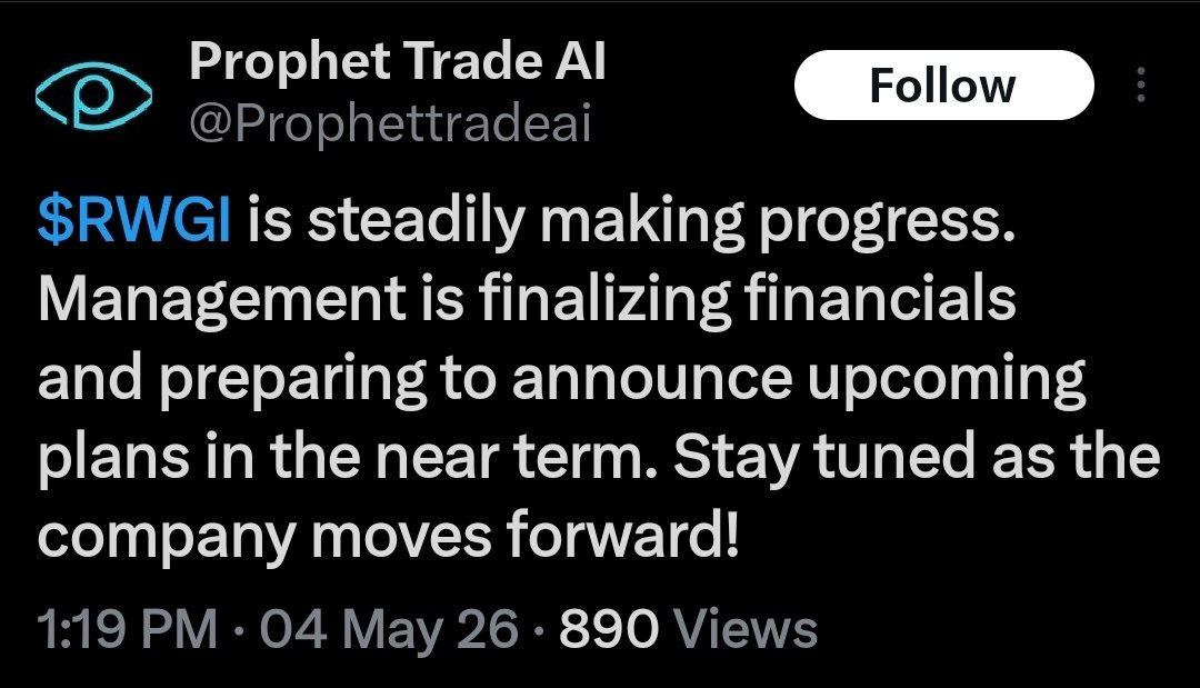 MajorGainz7's tweet photo. $Rwgi very very thin 
Looks good 
No dilution 
Last news Cancels 103 million shares . Cuts debt 
Last tweet -May 5 preparing to announce upcomming plans 
Stock was pink limited current as of today .
Loading going on . 
Trade the trade . https://t.co/nkFZ7dndKl