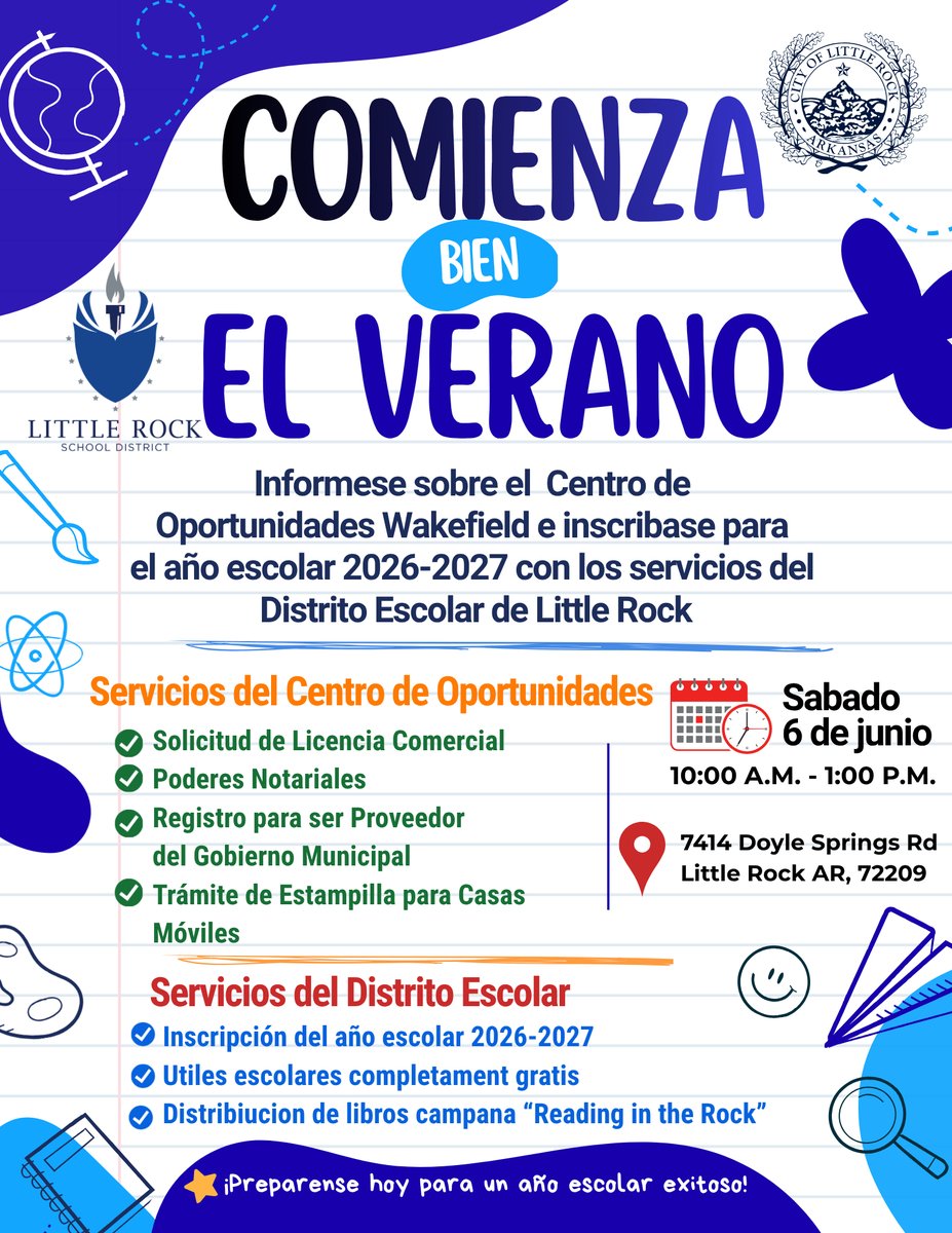 lrsd's tweet photo. ☀️🎒 Start your summer off right with us this Saturday at the Wakefield Opportunity Hub! Stop by to learn about the upcoming school year and pick up free school supplies and books. 📚🍎✨

📍 7414 Doyle Springs Rd.
🕙 10 a.m. – 1 p.m. | June 6

#OneTeamOneDreamOneLRSD https://t.co/T0dnAt22a8