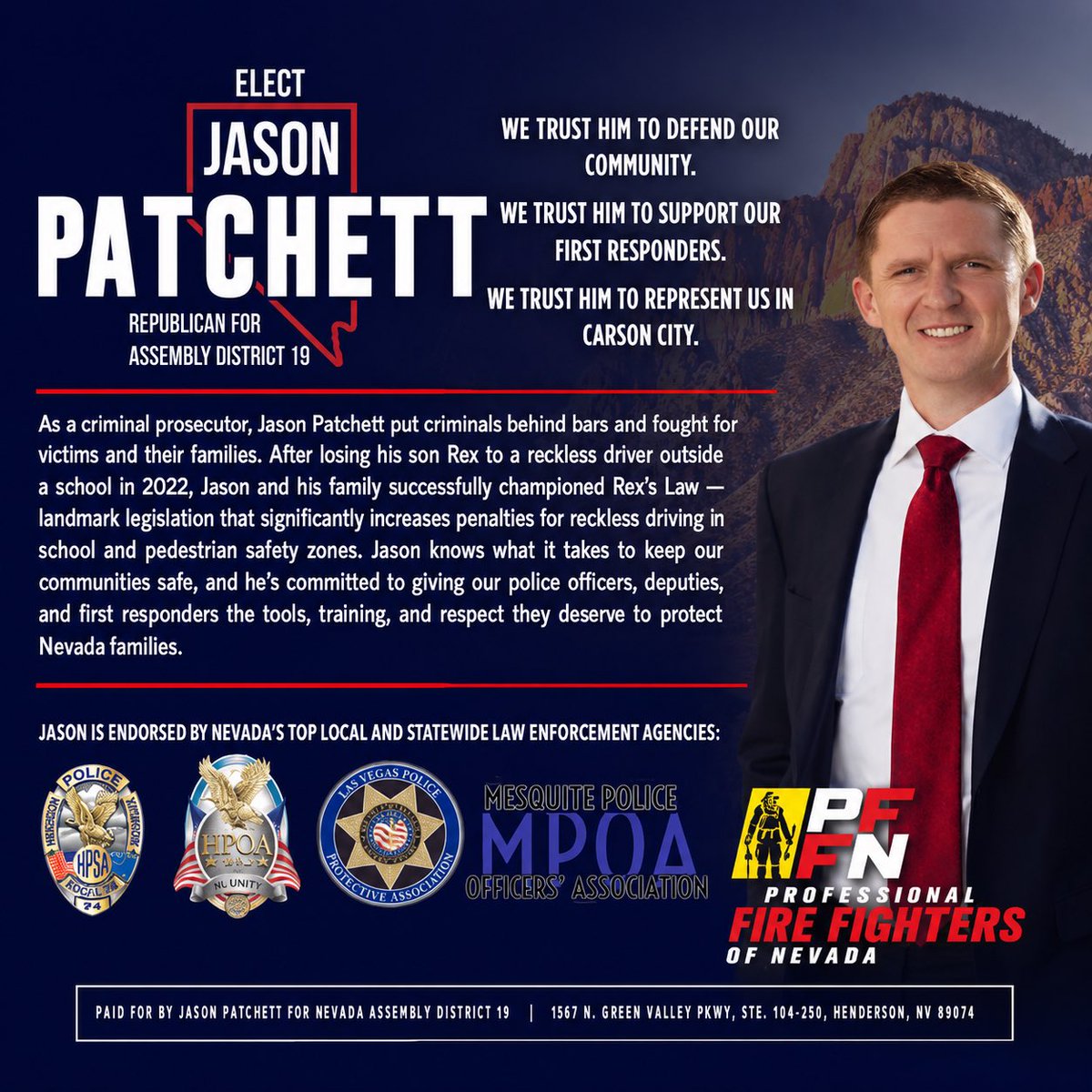 JasonPatchettNV's tweet photo. That’s why law enforcement officers, first responders, and public safety leaders across Nevada trust me to represent you in Carson City. https://t.co/AUmf0gKMZI
