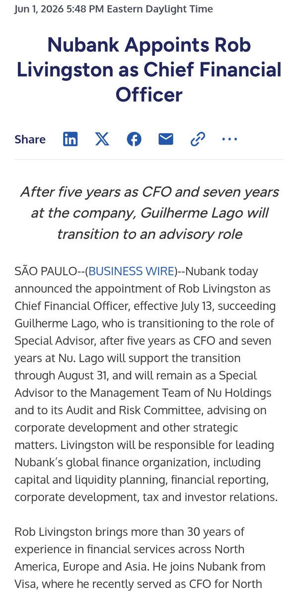 _Krossroads's tweet photo. $NU virtually every stock in the planet sells off after a CFO leaves. But 8% is a little aggressive for a planned exit when you're bringing in a guy with as deep a resume as their new CFO at the same time as they begin their expansion into the US. https://t.co/vJUk4xUGD7