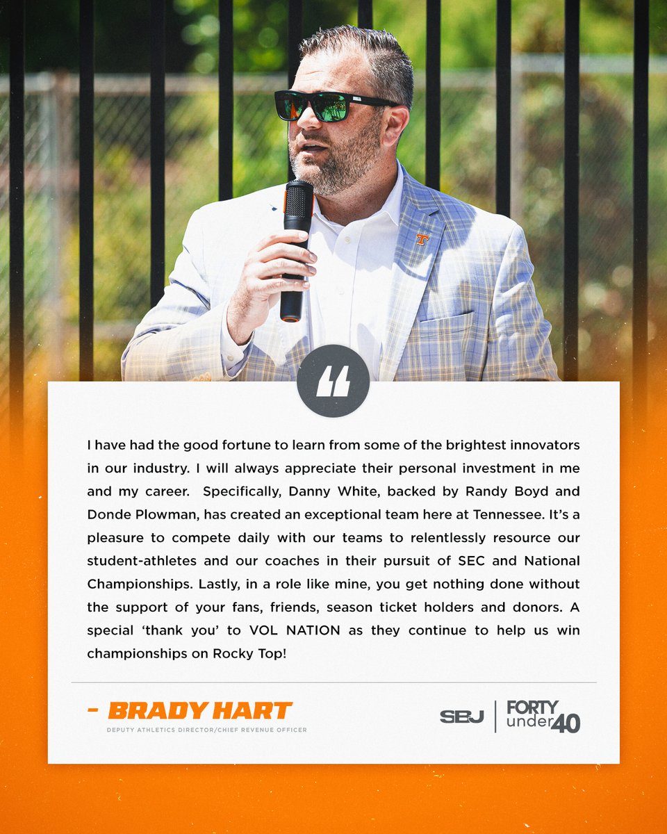 Vol_Sports's tweet photo. Tennessee's Brady Hart has been named to @SBJ's Forty Under Forty Class of 2026.

As Chief Revenue Officer, Hart helped UT generate a record $304 million in FY25, the most by the department ever and one of the top figures nationally.

Story » https://t.co/9fWW9Rk35M https://t.co/ZK3a7Klhj3