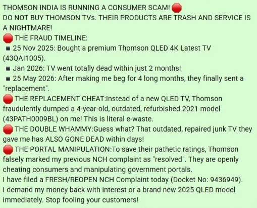 rr_shekhar's tweet photo. 😠 Open fraud by @ThomsonIndia &amp; @Flipkart ! Dumped a dead 2021 repaired TV as replacement for my 2025 QLED. Fraudulently closed old complaint. Filed fresh NCH Docket: 9436949. Full story in image! 👇
@ConsumerCourt @jagograhakjago @explore_thomson #ConsumerRights #Justice #Scam https://t.co/sUC75pVWOJ